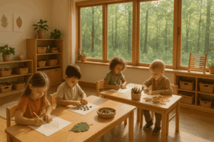 Dzieci pracujące indywidualnie w przedszkolu Montessori