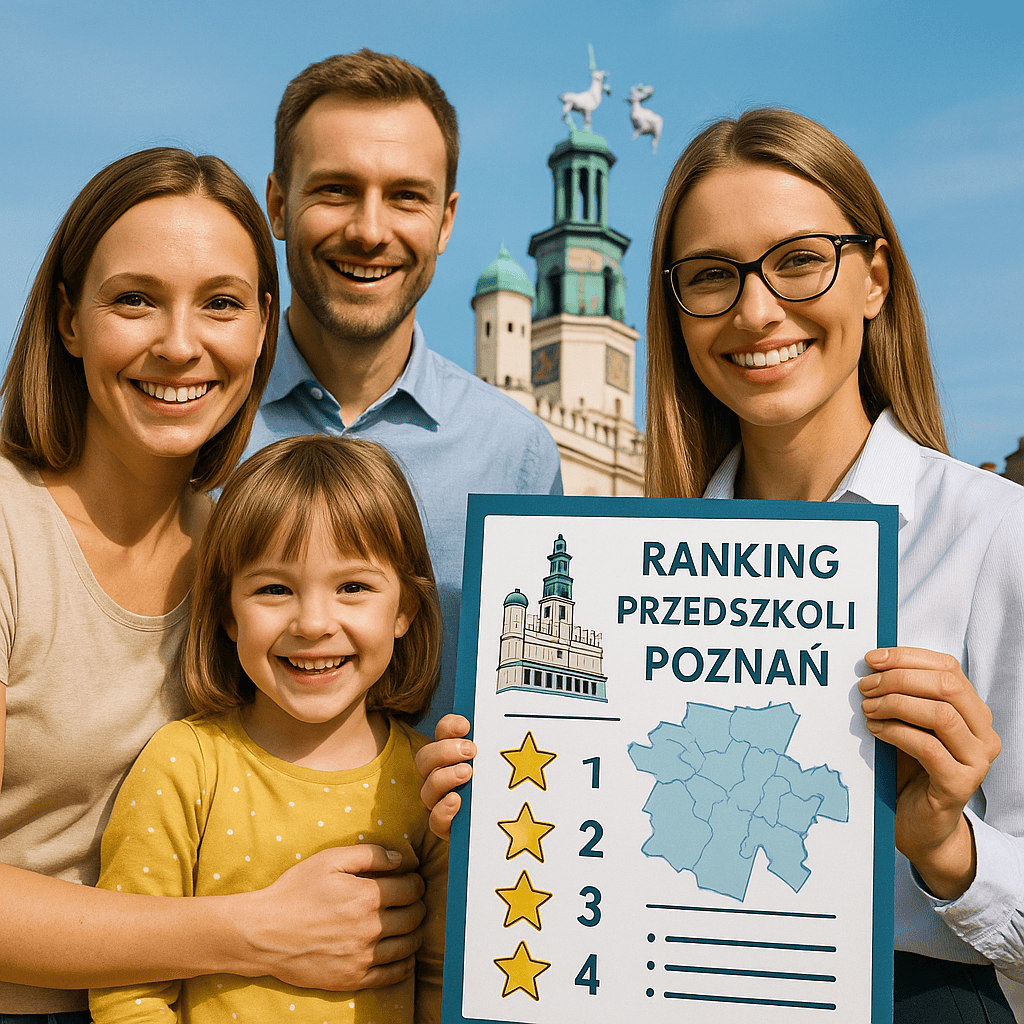 Ranking przedszkoli w Poznaniu 2025 – opinie rodziców, nauczyciele i tło z ratuszem i koziołkami