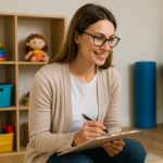 Specjalista terapii dziecięcej obserwuje chłopca układającego kolorowe klocki w przyjaznym gabinecie terapeutycznym z zabawkami i wyposażeniem integracji sensorycznej.